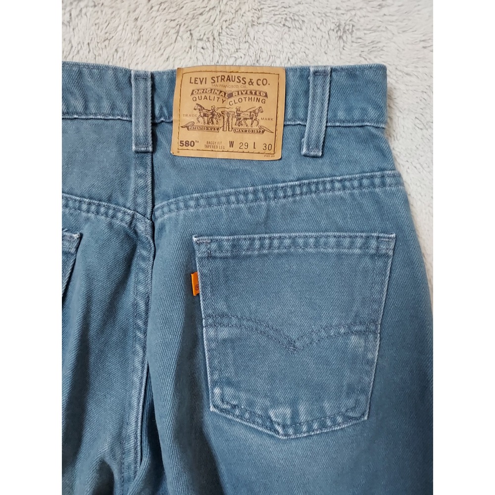 Vintage Levis 580 Jeans Mens 29x30 Orange Tab Baggy Tapered 90s Made USA Blue